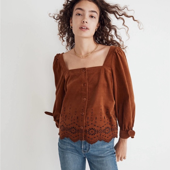 Madewell Embroidered Eyelet Corduroy Tie-sleeve Top Size XXS - Picture 1 of 8